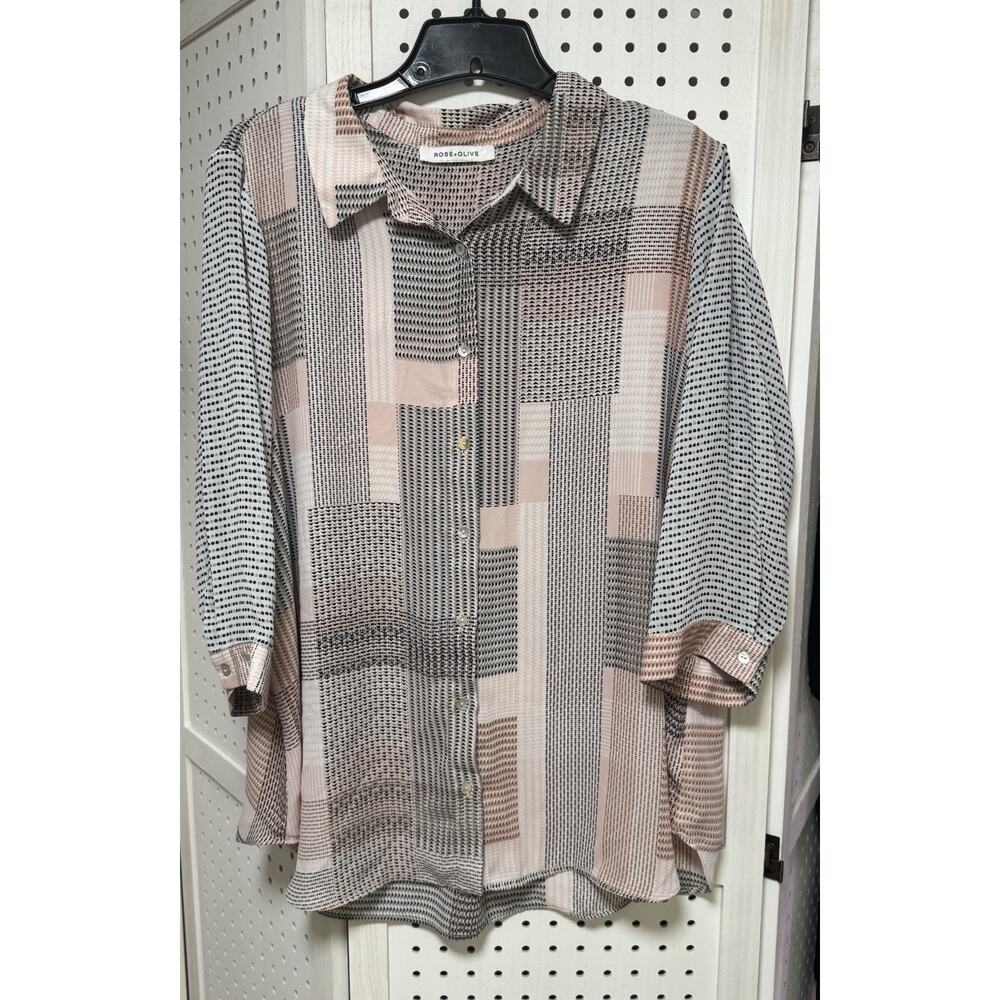 Rose + Olive Pink Geometric Patchwork Blouse Button Up 3/4 Sleeve Top Blouse 1X